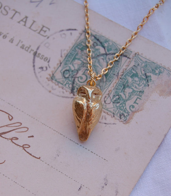 Sleepy Owl Necklace, Gold dipped